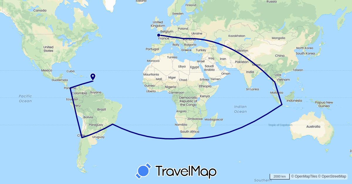 TravelMap itinerary: driving in Brazil, Switzerland, Chile, France, Hungary, Indonesia, Panama, Thailand, South Africa (Africa, Asia, Europe, North America, South America)